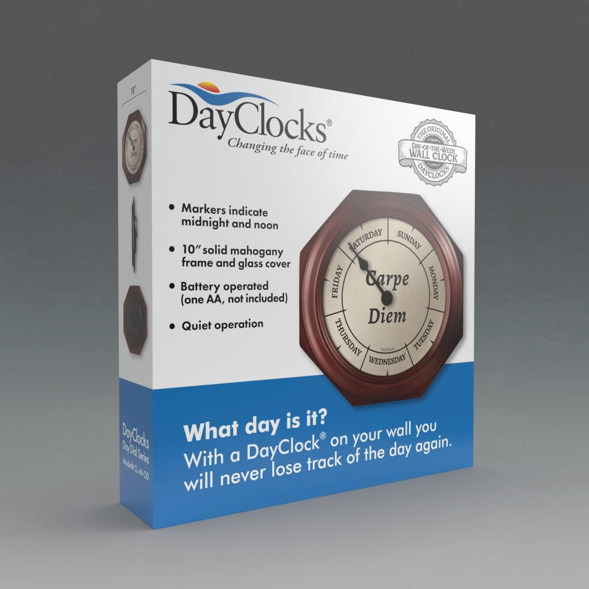 Day of the Week Wall Clock with Solid Wood Frame – Calendar Day Clock – Carpe Diem – Ideal Retirement Gift for Men & Women – Mahogany, 10"