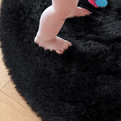 round Rug 6X6 Feet Fluffy Soft Area Rugs for Kids Girls Room Princess Castle Plush Shaggy Carpet Cute Circle Nursery Rug for Kids Teen'S Bedroom Home Decor Large Circular Carpet, Black