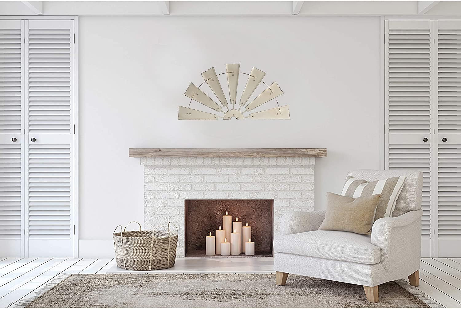 32" Rustic Galvanized Metal Half Windmill Wall Sculpture Farmhouse Wall Art Home Decor, Beige