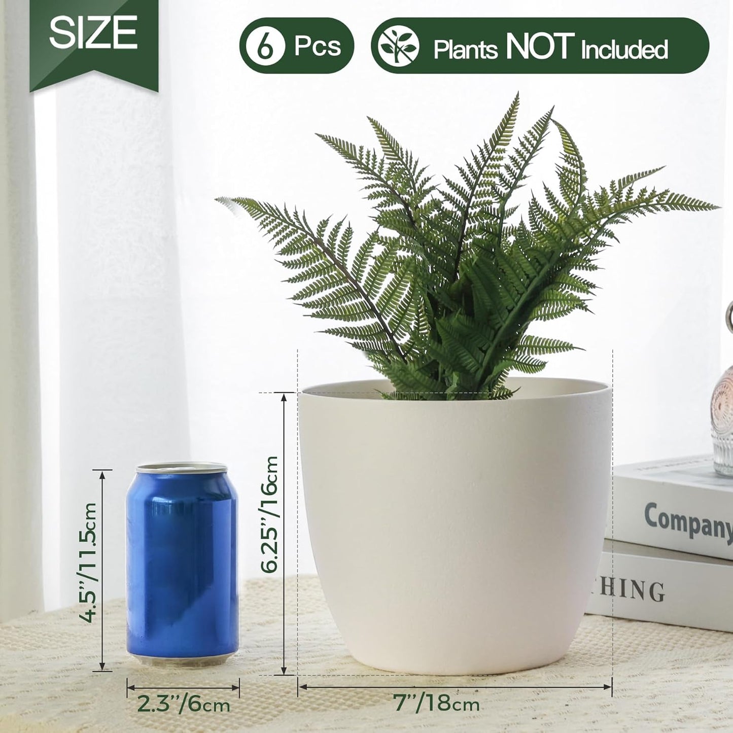 7 Inch Self Watering Planters Plastic Plant Pot, Modern Decorative Flower Pot/Window Box for All House Plants, Flowers, Herbs, African Violets, Succulents - White, Set of 6