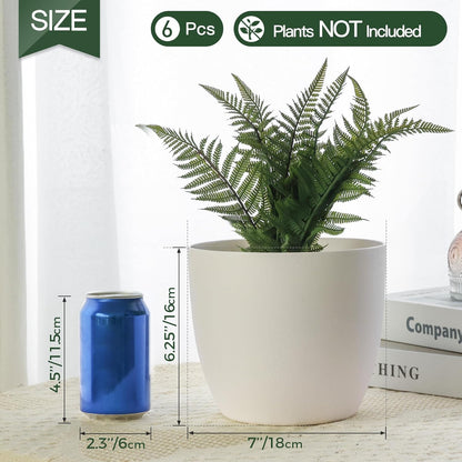 7 Inch Self Watering Planters Plastic Plant Pot, Modern Decorative Flower Pot/Window Box for All House Plants, Flowers, Herbs, African Violets, Succulents - White, Set of 6