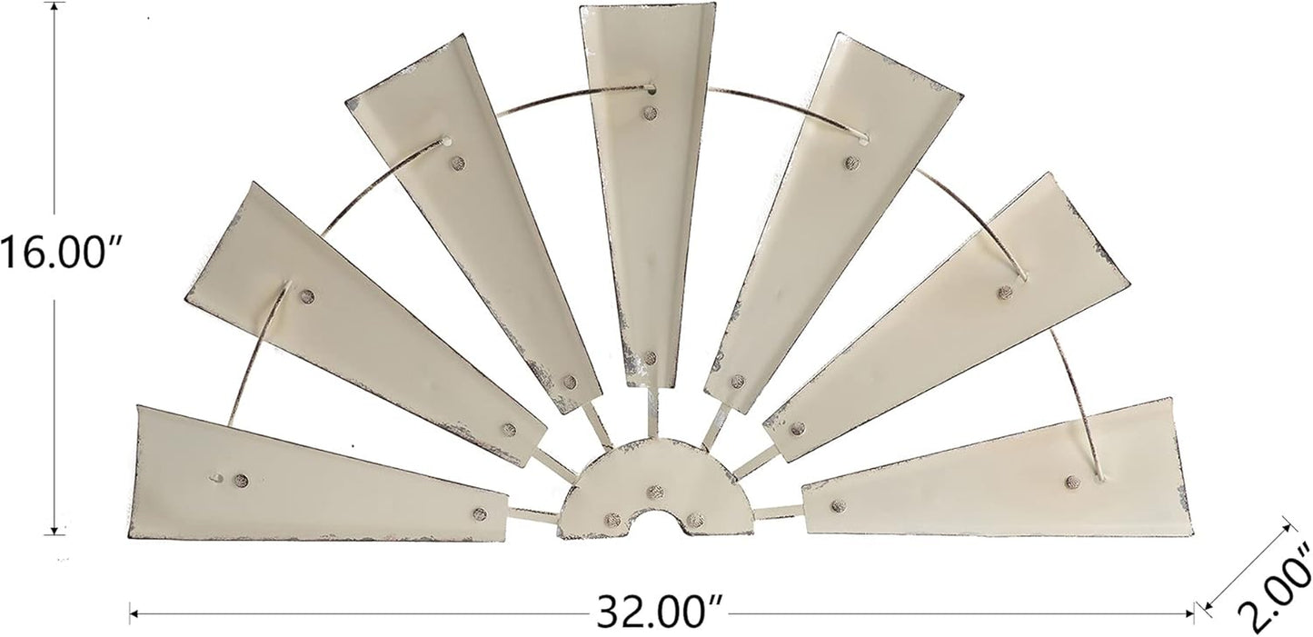 32" Rustic Galvanized Metal Half Windmill Wall Sculpture Farmhouse Wall Art Home Decor, Beige