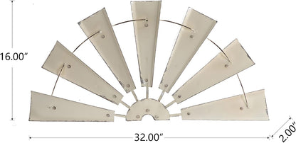 32" Rustic Galvanized Metal Half Windmill Wall Sculpture Farmhouse Wall Art Home Decor, Beige